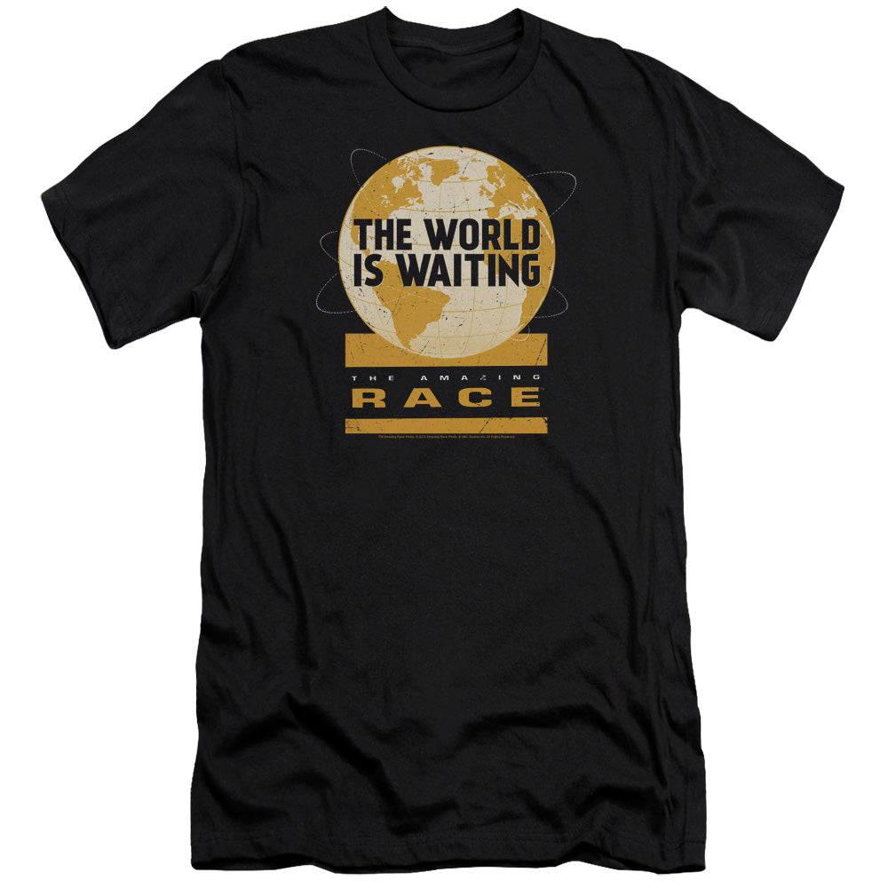 AN OFFCIALLY LICENSED AMAZING RACE WAITING WORLD MEN'S PREMIUM SLIM FIT T-SHIRT BLACK