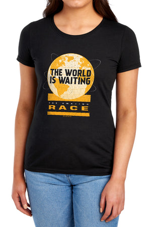 AN OFFCIALLY LICENSED AMAZING RACE WAITING WORLD WOMEN'S REGULAR FIT T-SHIRT BLACK