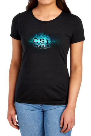 AN OFFCIALLY LICENSED CSI: CYBER THUMB PRINT WOMEN'S REGULAR FIT T-SHIRT BLACK