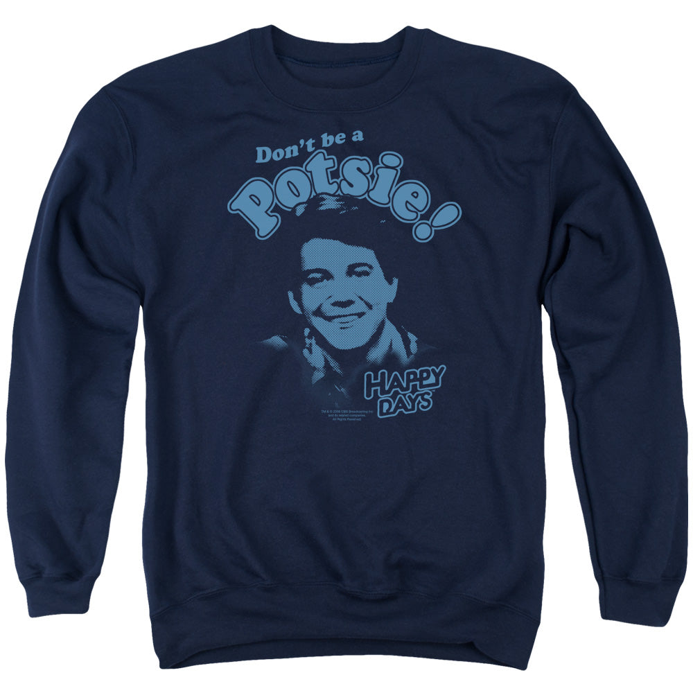AN OFFCIALLY LICENSED HAPPY DAYS DONT BE A POTSY ADULT UNISEX CREWNECK SWEATSHIRT NAVY