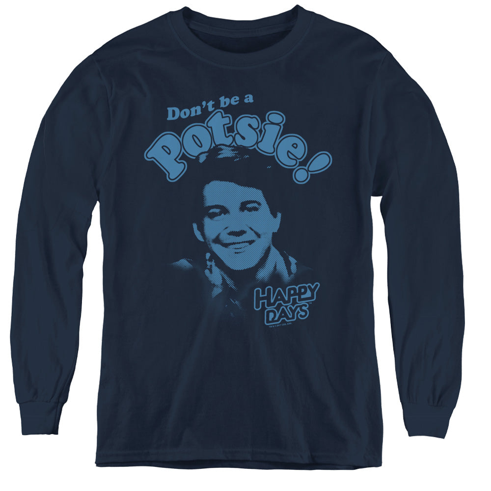 AN OFFCIALLY LICENSED HAPPY DAYS DONT BE A POTSY YOUTH LONG SLEEVE T-SHIRT NAVY