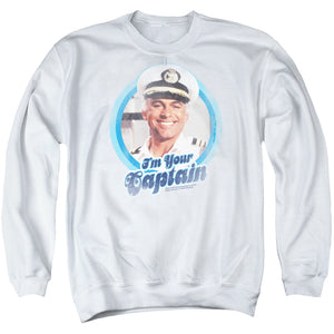 AN OFFCIALLY LICENSED LOVE BOAT IM YOUR CAPTAIN ADULT UNISEX CREWNECK SWEATSHIRT WHITE
