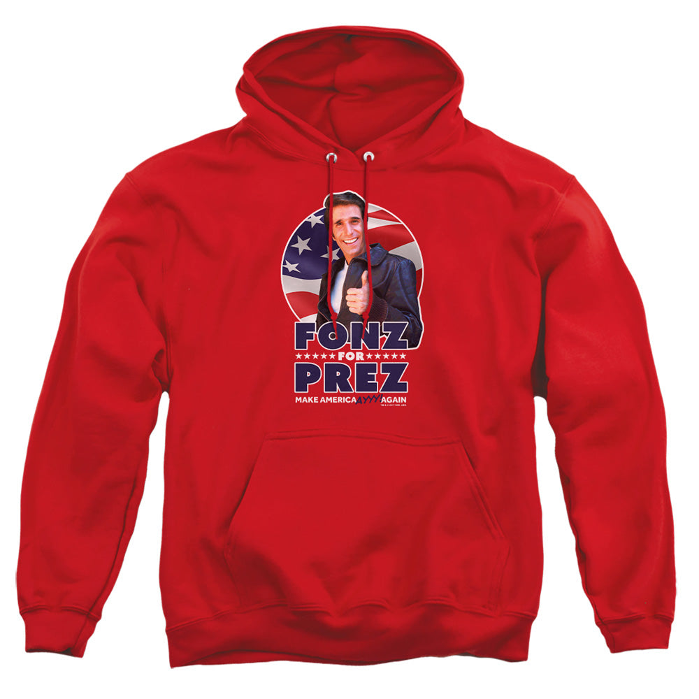 AN OFFCIALLY LICENSED HAPPY DAYS FONZ FOR PREZ ADULT UNISEX PULLOVER HOODIE RED