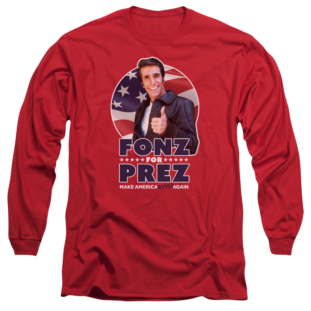 AN OFFCIALLY LICENSED HAPPY DAYS FONZ FOR PREZ MEN'S LONG SLEEVE T-SHIRT RED