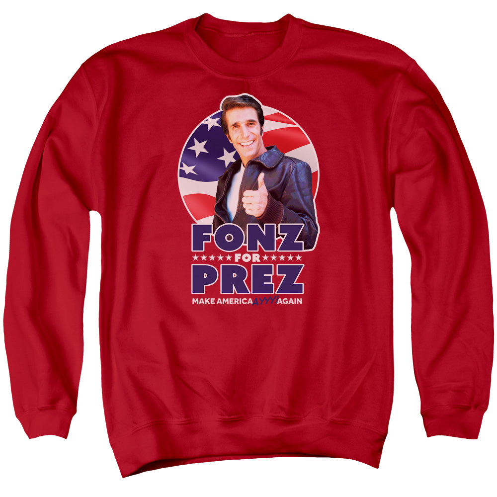 AN OFFCIALLY LICENSED HAPPY DAYS FONZ FOR PREZ ADULT UNISEX CREWNECK SWEATSHIRT RED