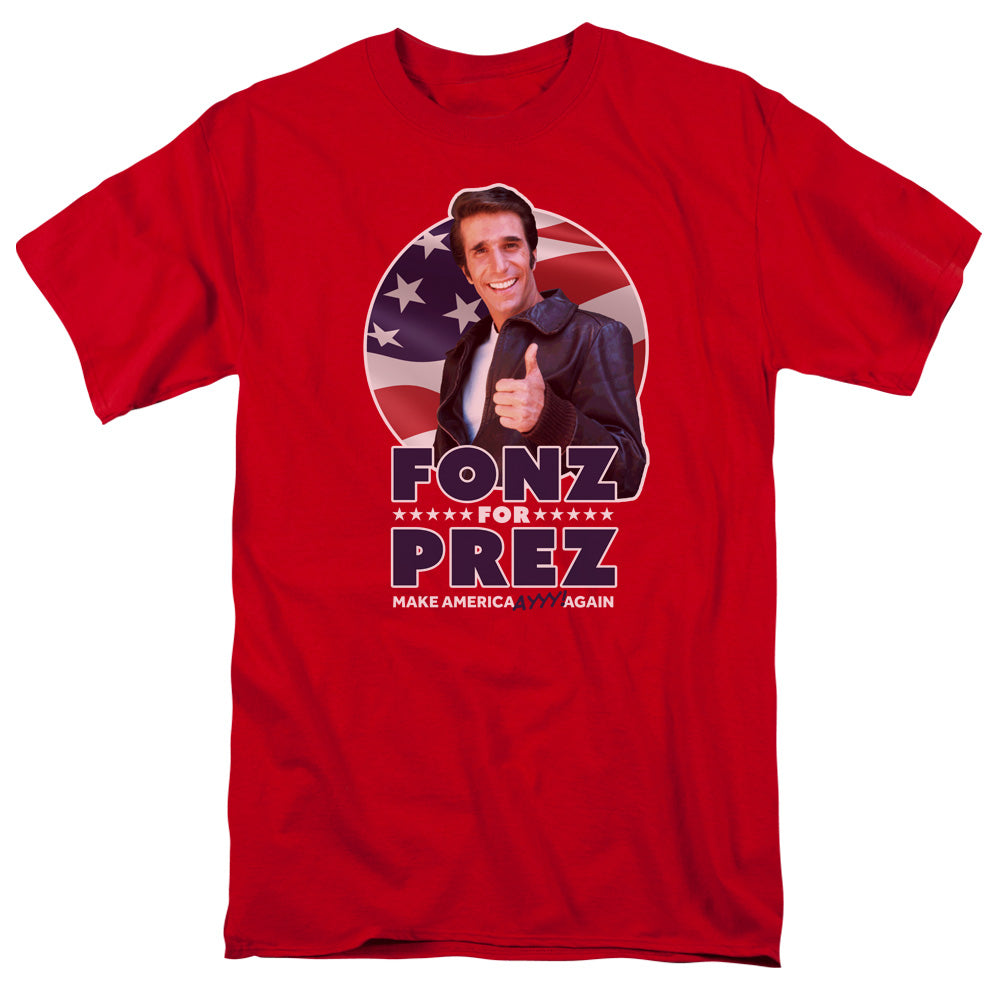 AN OFFCIALLY LICENSED HAPPY DAYS FONZ FOR PREZ MEN'S REGULAR FIT T-SHIRT RED