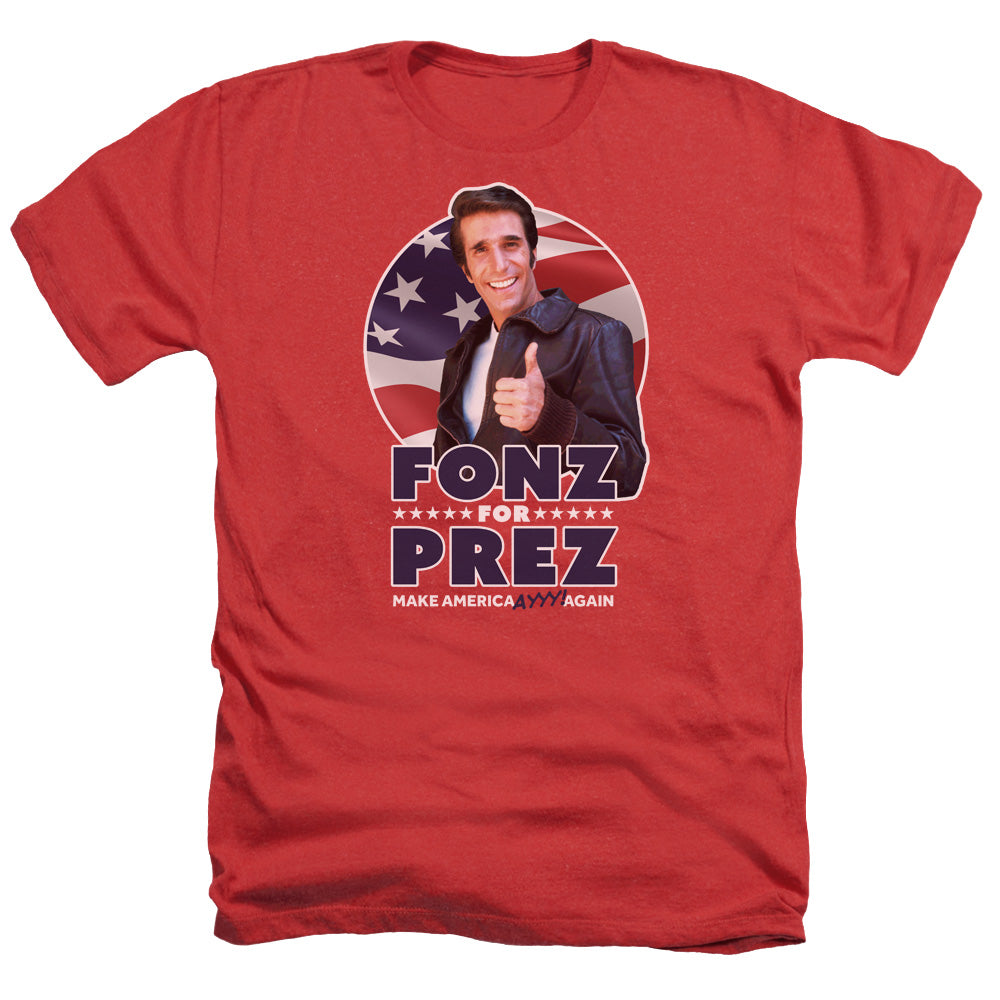 AN OFFCIALLY LICENSED HAPPY DAYS FONZ FOR PREZ MEN'S HEATHER T-SHIRT RED