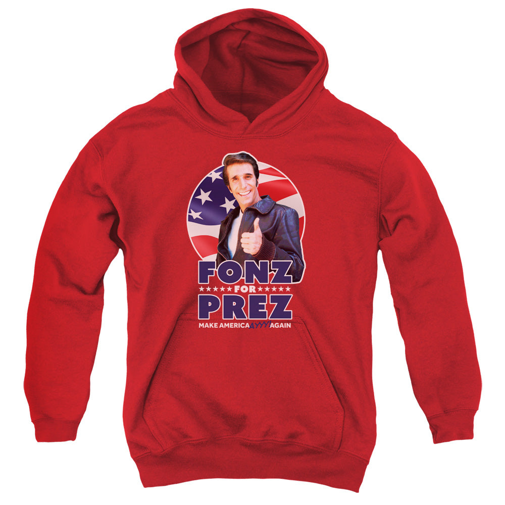 AN OFFCIALLY LICENSED HAPPY DAYS FONZ FOR PREZ YOUTH HOODIE RED