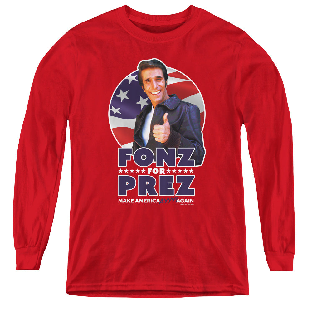 AN OFFCIALLY LICENSED HAPPY DAYS FONZ FOR PREZ YOUTH LONG SLEEVE T-SHIRT RED