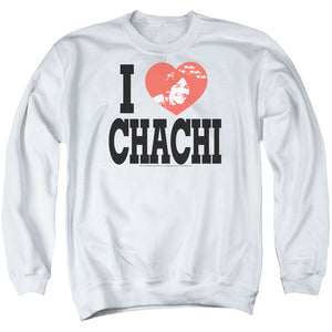 AN OFFCIALLY LICENSED HAPPY DAYS I HEART CHACHI ADULT UNISEX CREWNECK SWEATSHIRT WHITE