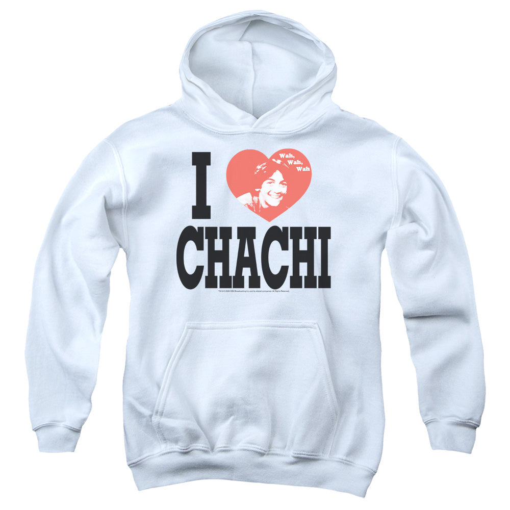 AN OFFCIALLY LICENSED HAPPY DAYS I HEART CHACHI YOUTH HOODIE WHITE