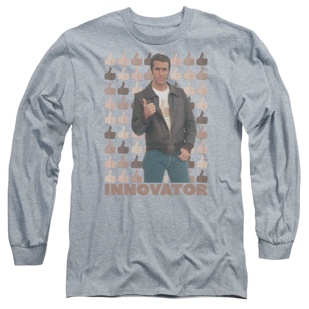 AN OFFCIALLY LICENSED HAPPY DAYS INNOVATOR MEN'S LONG SLEEVE T-SHIRT ATHLETIC HEATHER