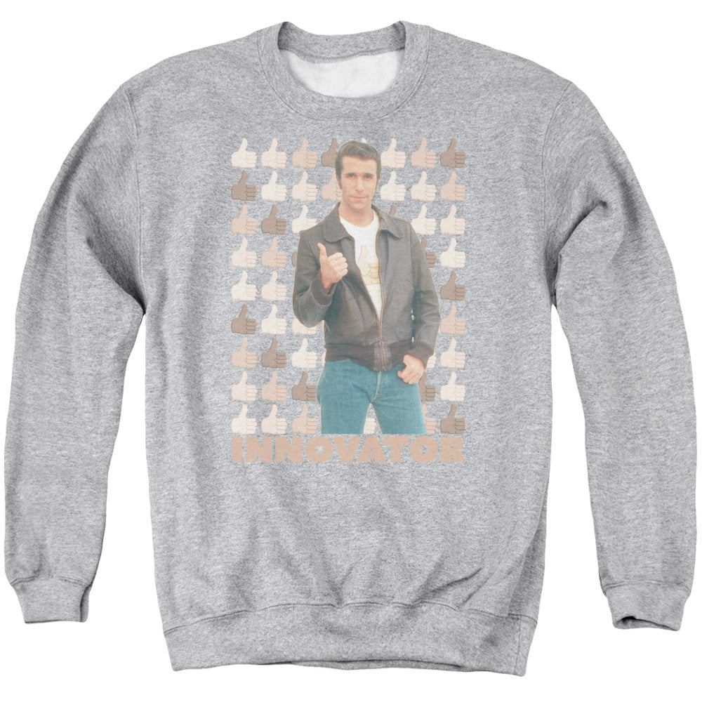 AN OFFCIALLY LICENSED HAPPY DAYS INNOVATOR ADULT UNISEX CREWNECK SWEATSHIRT ATHLETIC HEATHER