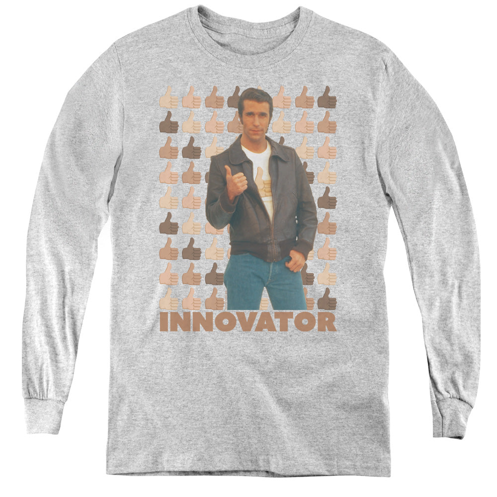 AN OFFCIALLY LICENSED HAPPY DAYS INNOVATOR YOUTH LONG SLEEVE T-SHIRT ATHLETIC HEATHER
