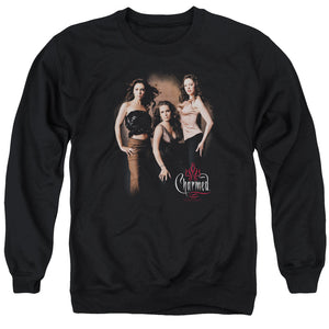 AN OFFCIALLY LICENSED CHARMED THREE HOT WITCHES ADULT UNISEX CREWNECK SWEATSHIRT BLACK