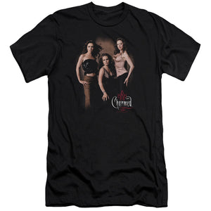 AN OFFCIALLY LICENSED CHARMED THREE HOT WITCHES MEN'S PREMIUM SLIM FIT T-SHIRT BLACK