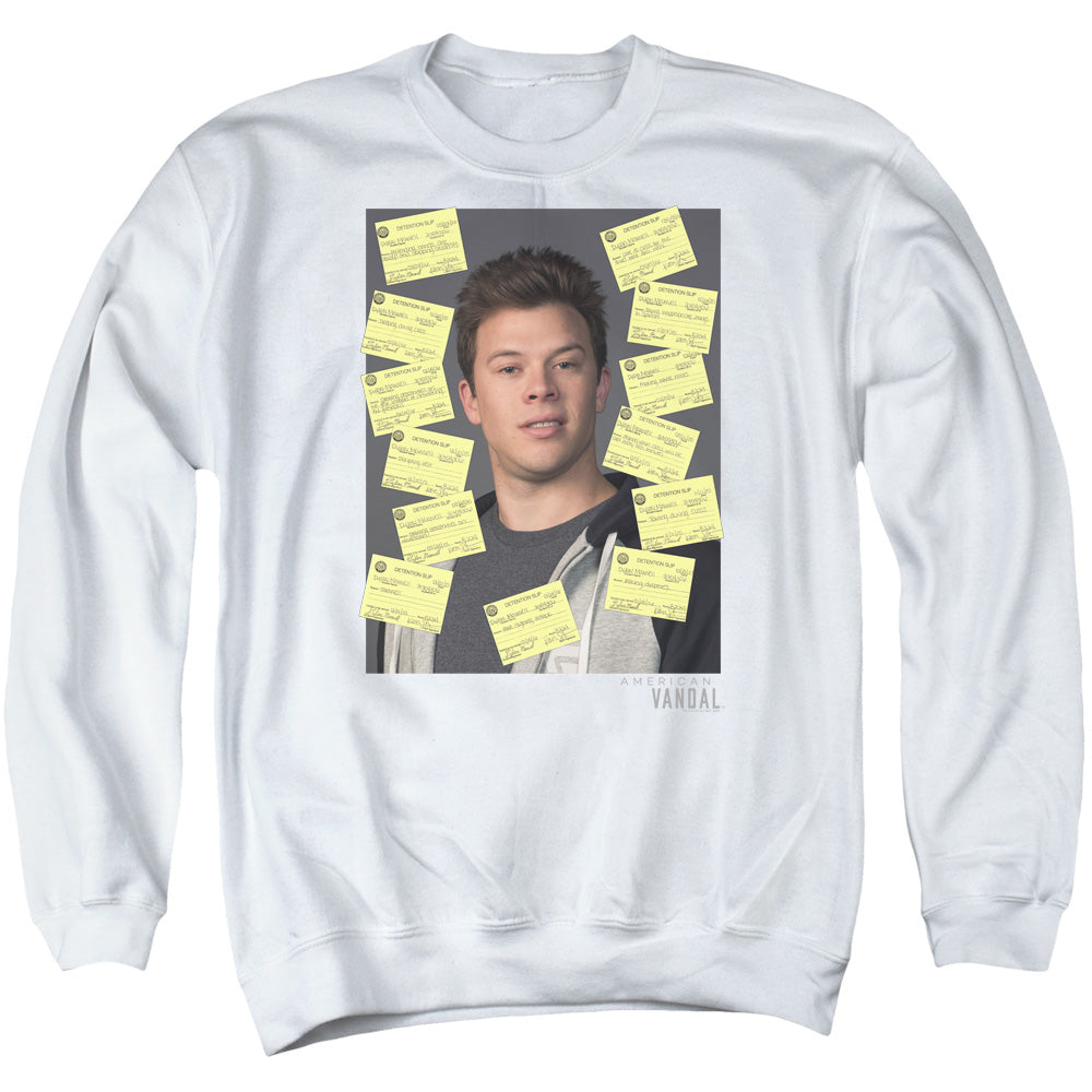 AN OFFCIALLY LICENSED AMERICAN VANDAL DETENTION ADULT UNISEX CREWNECK SWEATSHIRT WHITE