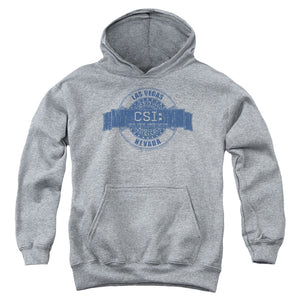 AN OFFCIALLY LICENSED CSI VEGAS BADGE YOUTH HOODIE ATHLETIC HEATHER