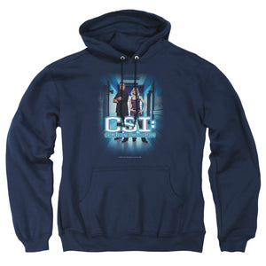 AN OFFCIALLY LICENSED CSI SERIOUS BUSINESS ADULT UNISEX PULLOVER HOODIE NAVY