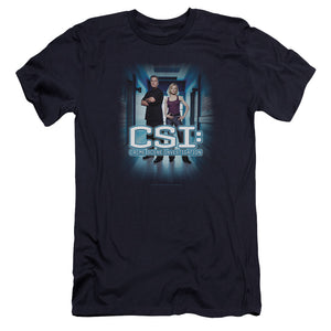 AN OFFCIALLY LICENSED CSI SERIOUS BUSINESS MEN'S PREMIUM SLIM FIT T-SHIRT NAVY