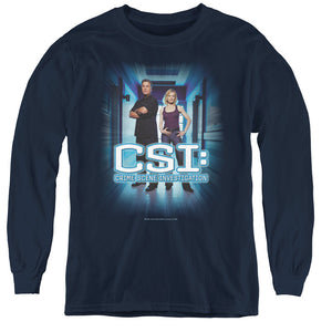 AN OFFCIALLY LICENSED CSI SERIOUS BUSINESS YOUTH LONG SLEEVE T-SHIRT NAVY