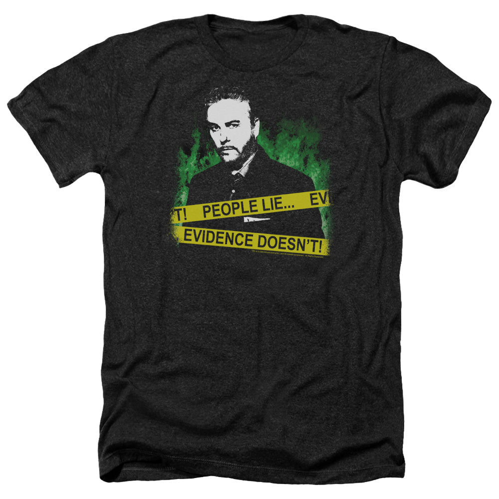 AN OFFCIALLY LICENSED CSI PEOPLE LIE MEN'S HEATHER T-SHIRT CHARCOAL