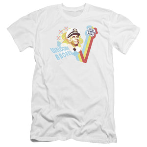 AN OFFCIALLY LICENSED LOVE BOAT WELCOME ABOARD MEN'S PREMIUM SLIM FIT T-SHIRT WHITE