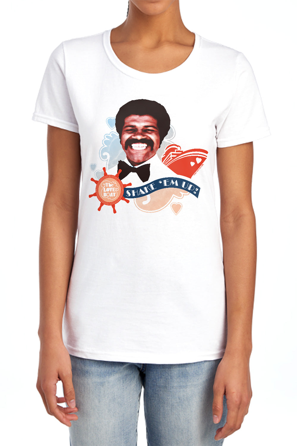 AN OFFCIALLY LICENSED LOVE BOAT SHAKE EM UP WOMEN'S REGULAR FIT T-SHIRT WHITE