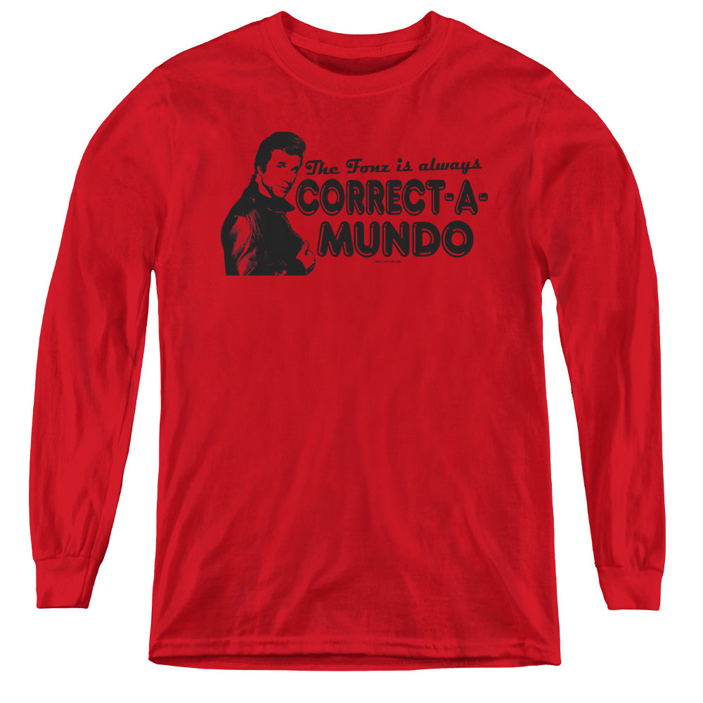 AN OFFCIALLY LICENSED HAPPY DAYS CORRECT A MUNDO YOUTH LONG SLEEVE T-SHIRT RED
