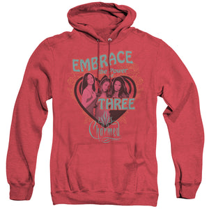 AN OFFCIALLY LICENSED CHARMED EMBRACE THE POWER ADULT UNISEX HEATHER PULLOVER HOODIE RED