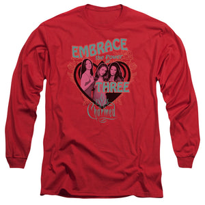 AN OFFCIALLY LICENSED CHARMED EMBRACE THE POWER MEN'S LONG SLEEVE T-SHIRT RED