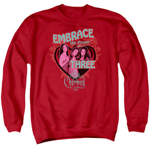 AN OFFCIALLY LICENSED CHARMED EMBRACE THE POWER ADULT UNISEX CREWNECK SWEATSHIRT RED