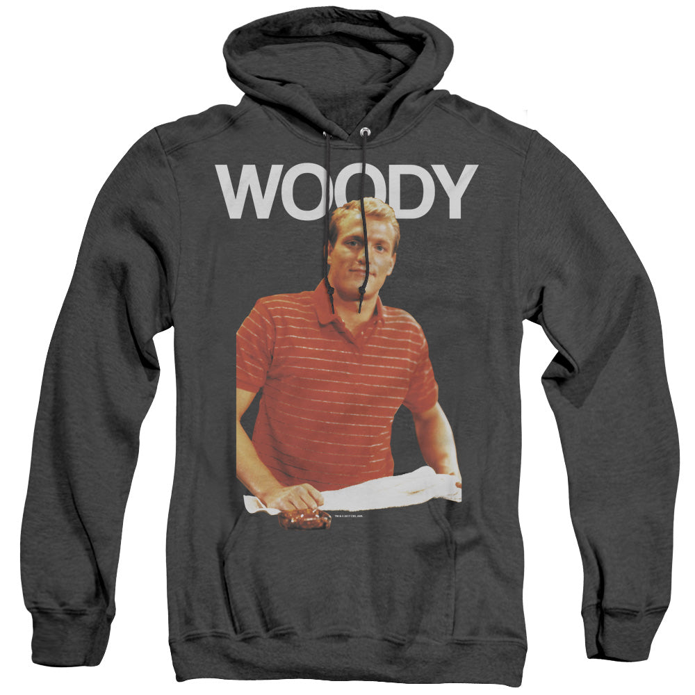 AN OFFCIALLY LICENSED CHEERS WOODY ADULT UNISEX HEATHER PULLOVER HOODIE BLACK