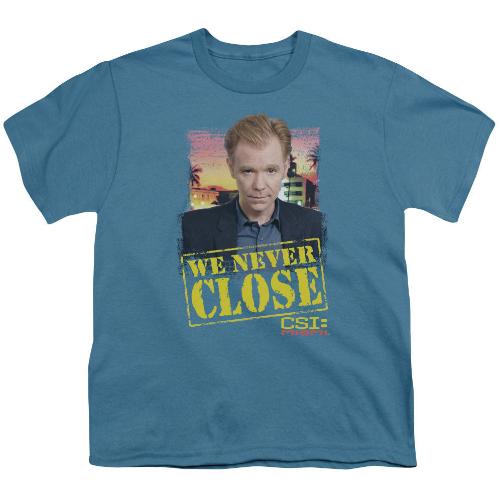 Csi:Miami Never Close Licensed Kid's T-Shirt (Ages 4-7) XL