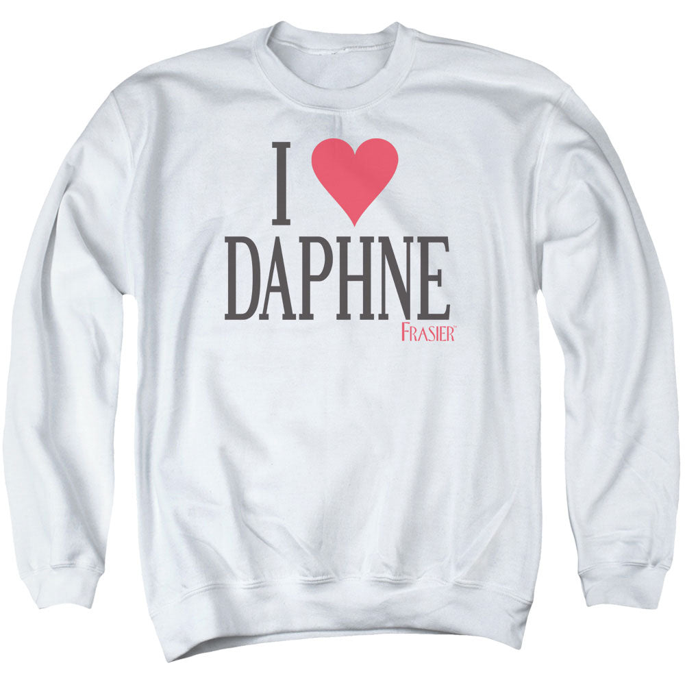 AN OFFCIALLY LICENSED FRASIER I HEART DAPHNE ADULT UNISEX CREWNECK SWEATSHIRT WHITE