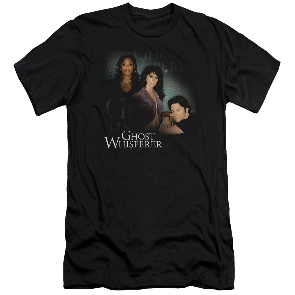 AN OFFCIALLY LICENSED GHOST WHISPERER DIAGONAL CAST MEN'S PREMIUM SLIM FIT T-SHIRT BLACK