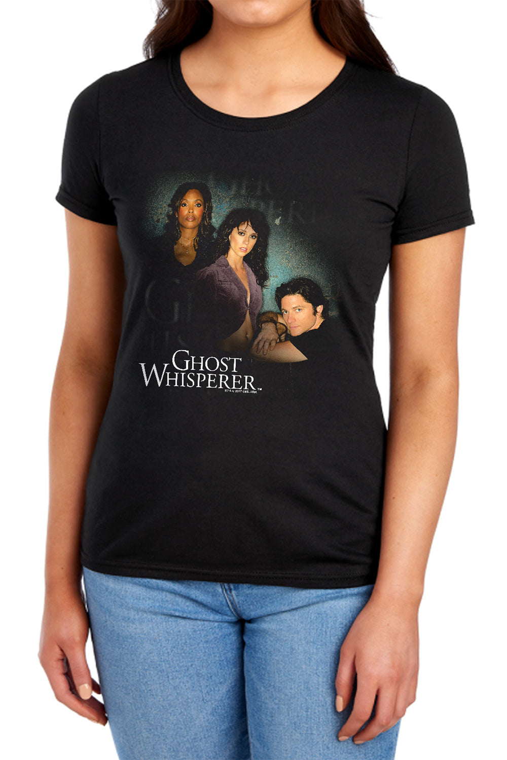 AN OFFCIALLY LICENSED GHOST WHISPERER DIAGONAL CAST WOMEN'S REGULAR FIT T-SHIRT BLACK