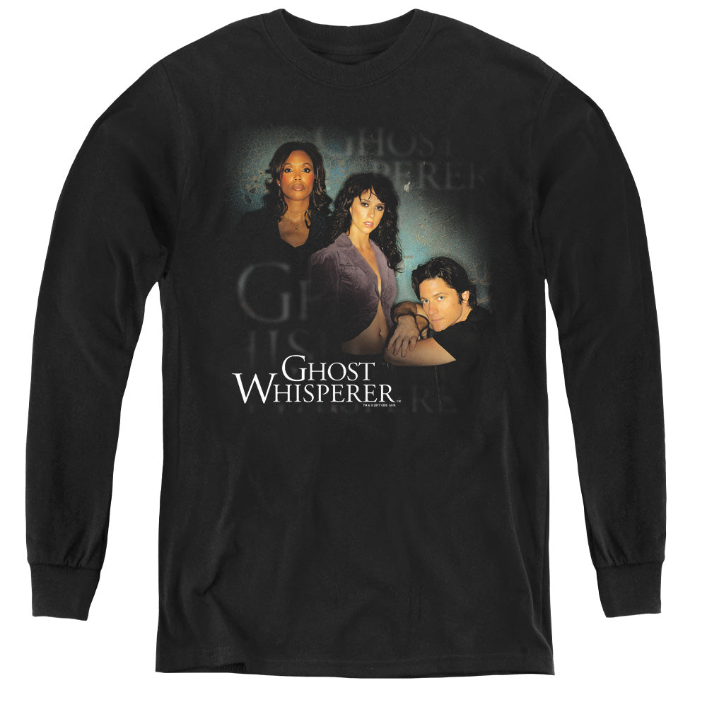 AN OFFCIALLY LICENSED GHOST WHISPERER DIAGONAL CAST YOUTH LONG SLEEVE T-SHIRT BLACK
