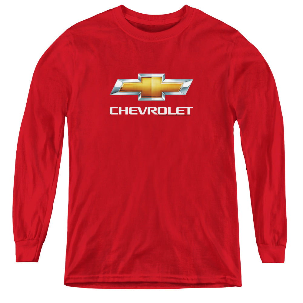 AN OFFCIALLY LICENSED CHEVROLET CHEVY BOWTIE STACKED YOUTH LONG SLEEVE T-SHIRT RED