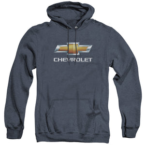AN OFFCIALLY LICENSED CHEVROLETS CHEVY BOWTIE STACKED ADULT UNISEX HEATHER PULLOVER HOODIE NAVY