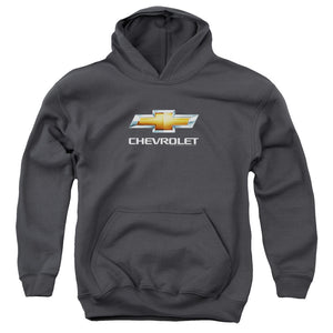 AN OFFCIALLY LICENSED CHEVROLETS CHEVY BOWTIE STACKED YOUTH HOODIE CHARCOAL