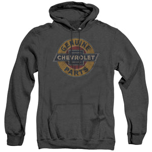AN OFFCIALLY LICENSED CHEVROLET GENUINE CHEVY PARTS DISTRESSED SIGN ADULT UNISEX HEATHER PULLOVER HOODIE BLACK