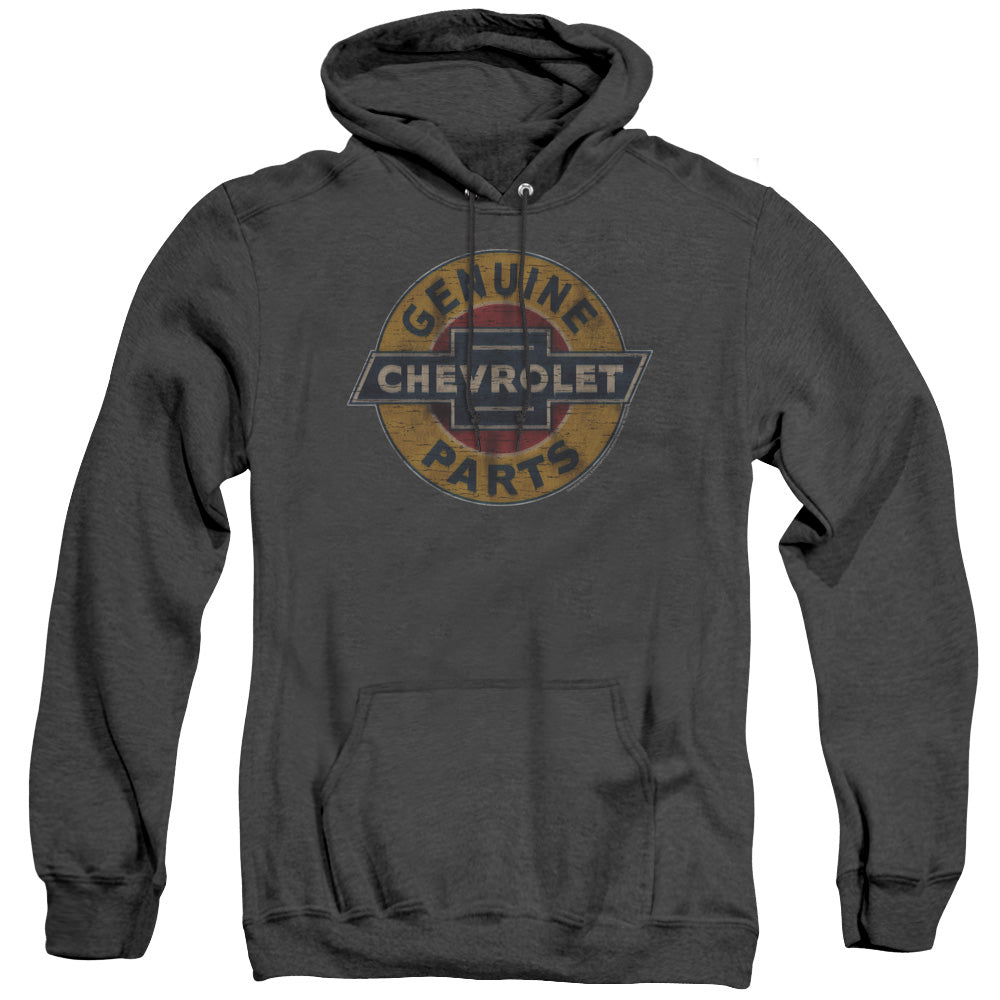 AN OFFCIALLY LICENSED CHEVROLET GENUINE CHEVY PARTS DISTRESSED SIGN ADULT UNISEX HEATHER PULLOVER HOODIE BLACK