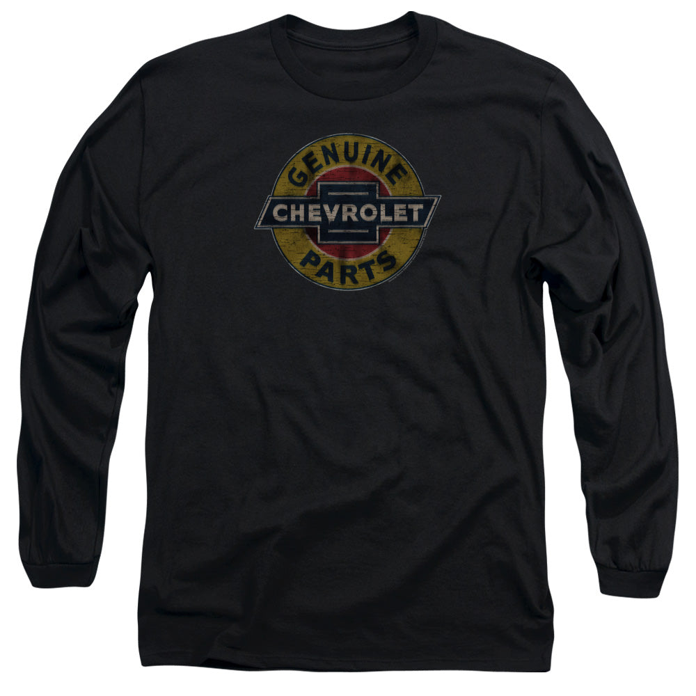 AN OFFCIALLY LICENSED CHEVROLET GENUINE CHEVY PARTS DISTRESSED SIGN MEN'S LONG SLEEVE T-SHIRT BLACK