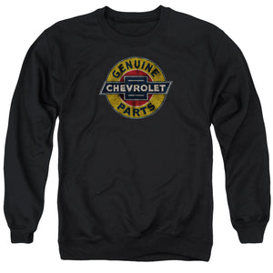 AN OFFCIALLY LICENSED CHEVROLET GENUINE CHEVY PARTS DISTRESSED SIGN ADULT UNISEX CREWNECK SWEATSHIRT BLACK