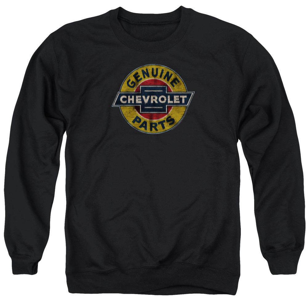 AN OFFCIALLY LICENSED CHEVROLET GENUINE CHEVY PARTS DISTRESSED SIGN ADULT UNISEX CREWNECK SWEATSHIRT BLACK