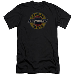 AN OFFCIALLY LICENSED CHEVROLET GENUINE CHEVY PARTS DISTRESSED SIGN MEN'S PREMIUM SLIM FIT T-SHIRT BLACK