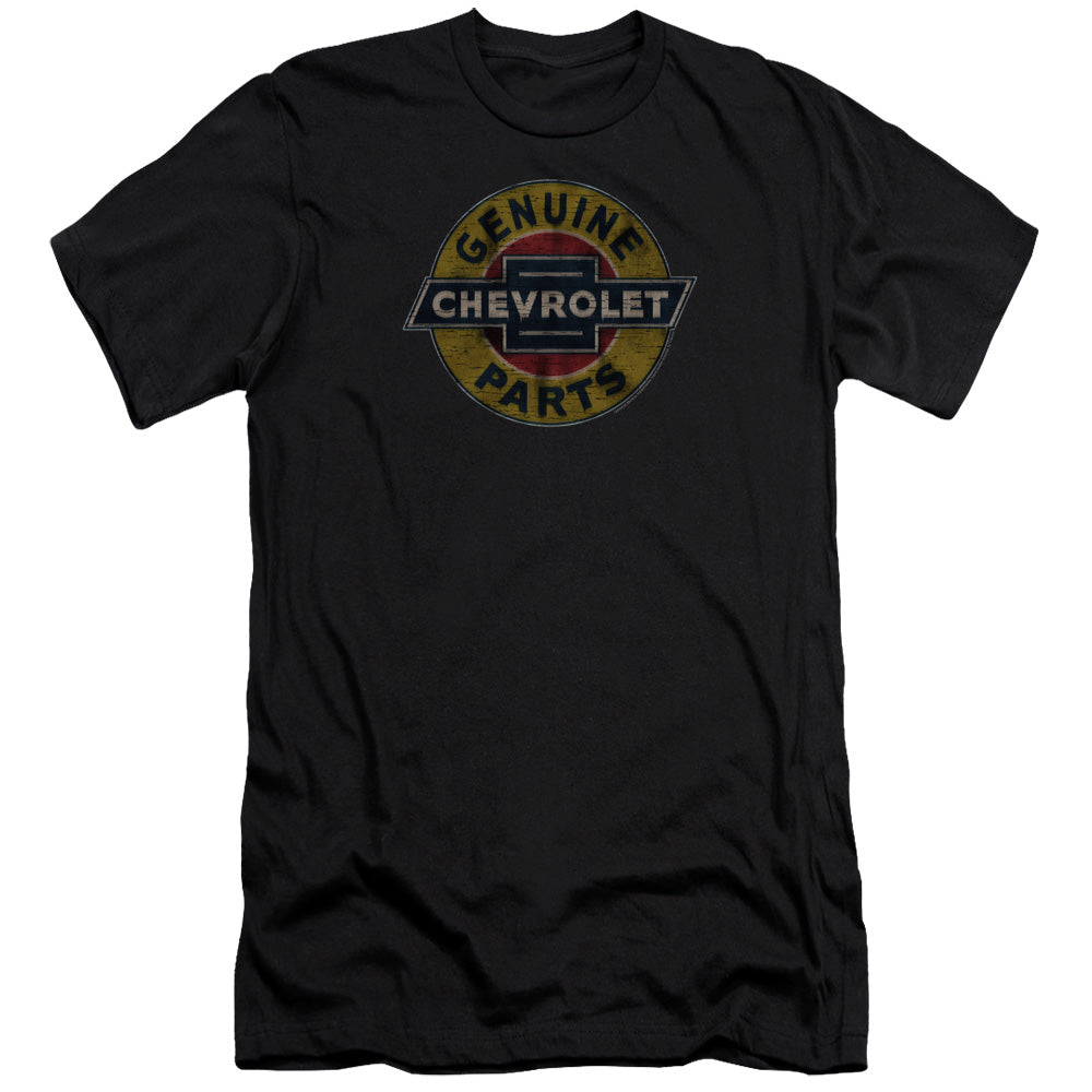 AN OFFCIALLY LICENSED CHEVROLET GENUINE CHEVY PARTS DISTRESSED SIGN MEN'S PREMIUM SLIM FIT T-SHIRT BLACK