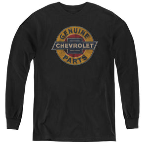 AN OFFCIALLY LICENSED CHEVROLET GENUINE CHEVY PARTS DISTRESSED SIGN YOUTH LONG SLEEVE T-SHIRT BLACK