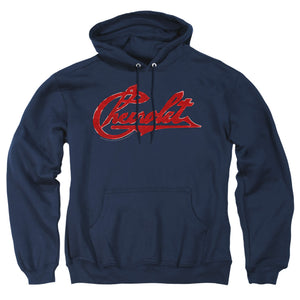 AN OFFCIALLY LICENSED CHEVROLET CHEVROLET SCRIPT DISTRESSED ADULT UNISEX PULLOVER HOODIE NAVY